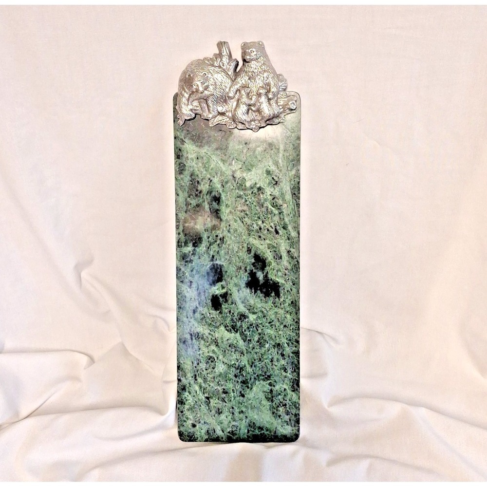 Green Marble Serving Tray Pewter Bear Family Cheese Board 1986 Arthur Court 19x6